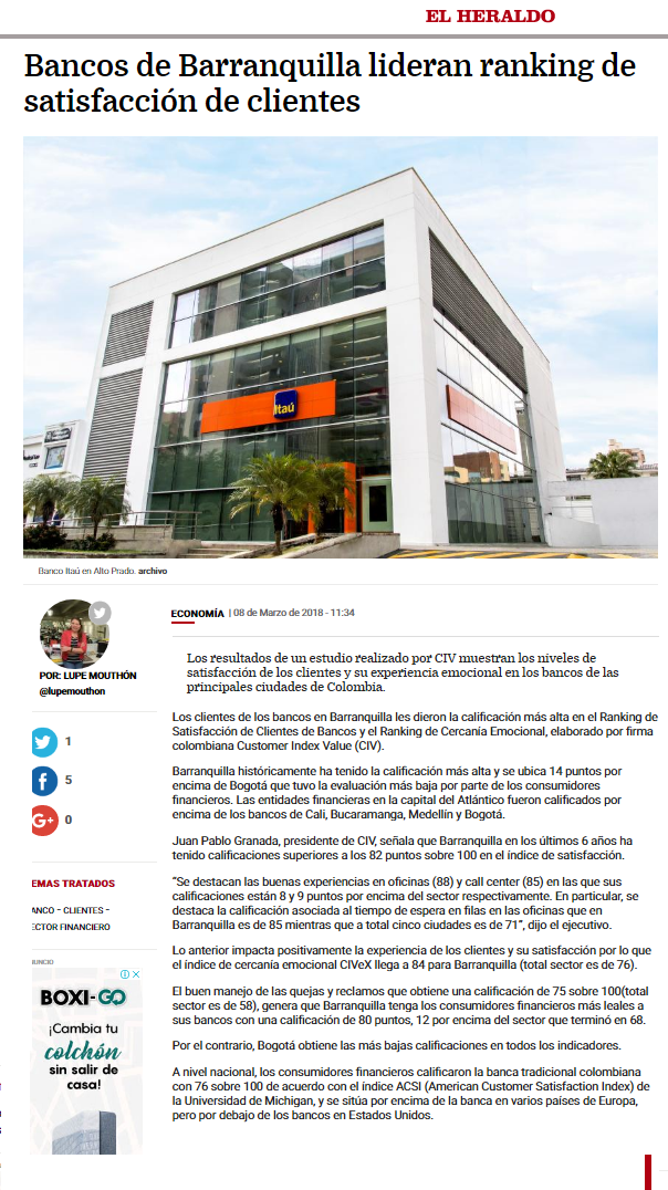 Bancos en Barranquilla lideran lideran ranking de satisfacción de clientes