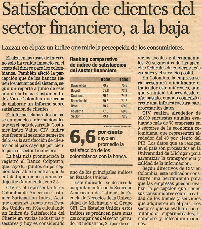 Satisfacción de clientes del sector financiero, a la baja.